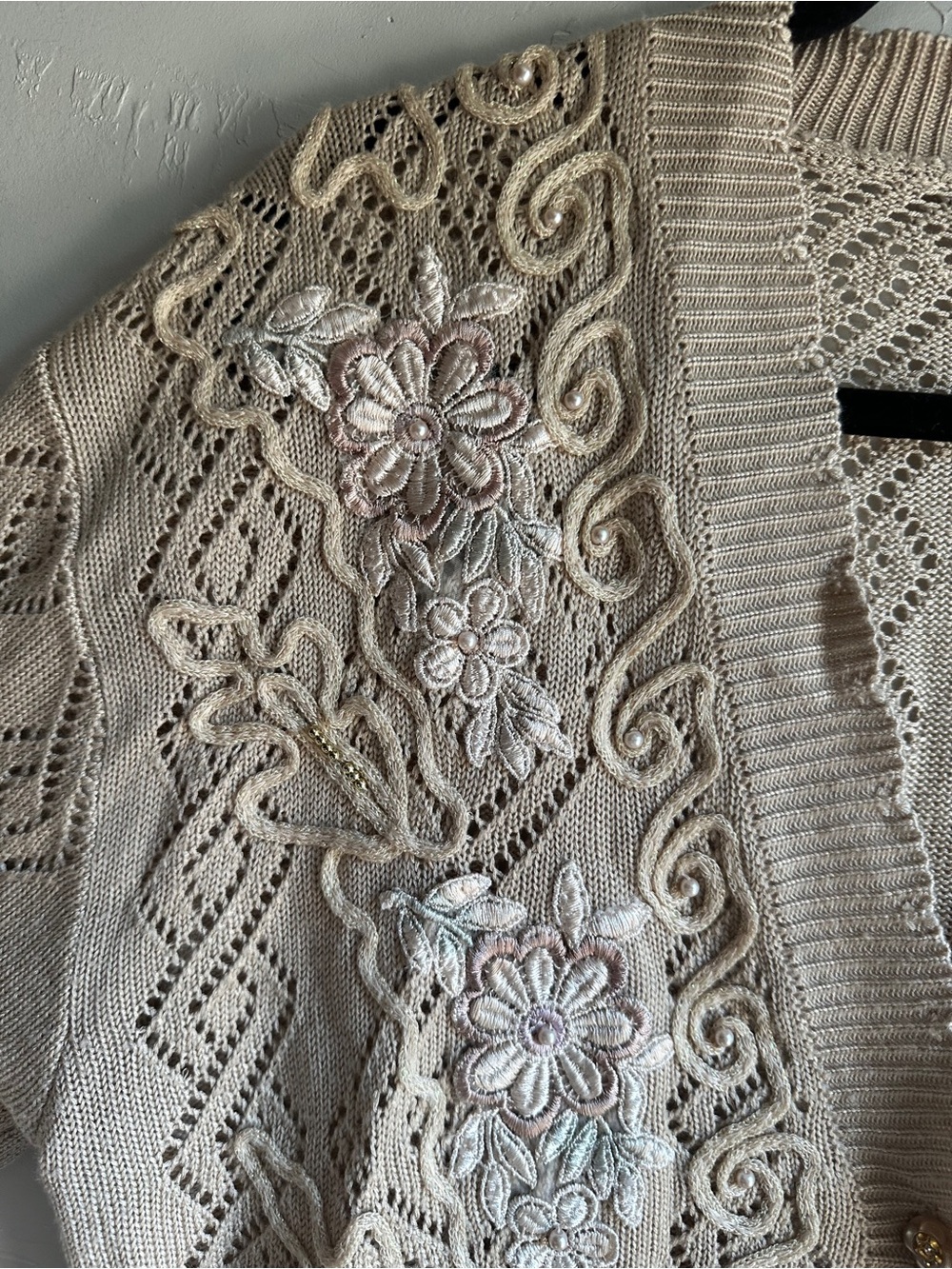 Vintage Embroidered Floral Lace Knit Cardigan Sweater Cottagecore Romantic - Picture 4 of 10